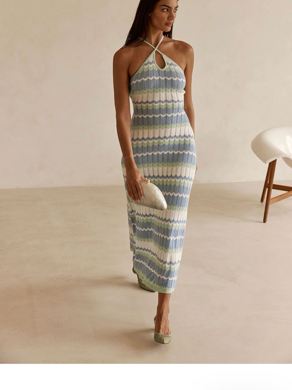 Sabo Skirt Halter Wave-Stripe Maxi Dress in Blue, Green & Cream